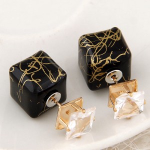 Rhinestone Decorated Turquoise Texture Cube Fashion Earrings - Black