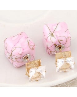 Rhinestone Decorated Turquoise Texture Cube Fashion Earrings - Pink
