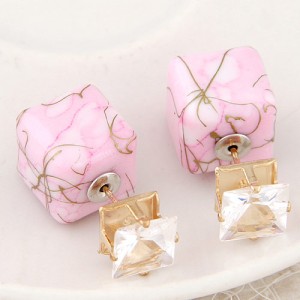 Rhinestone Decorated Turquoise Texture Cube Fashion Earrings - Pink