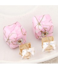 Rhinestone Decorated Turquoise Texture Cube Fashion Earrings - Pink