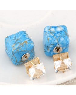 Rhinestone Decorated Turquoise Texture Cube Fashion Earrings - Blue
