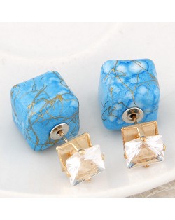 Rhinestone Decorated Turquoise Texture Cube Fashion Earrings - Blue