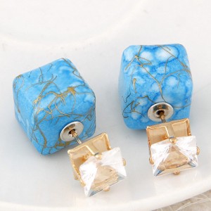 Rhinestone Decorated Turquoise Texture Cube Fashion Earrings - Blue