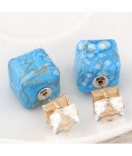 Rhinestone Decorated Turquoise Texture Cube Fashion Earrings - Blue