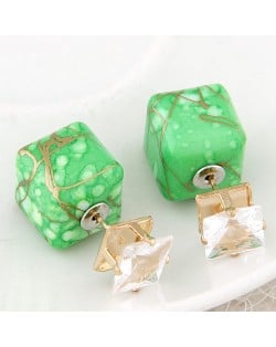 Rhinestone Decorated Turquoise Texture Cube Fashion Earrings - Green