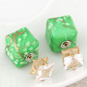 Rhinestone Decorated Turquoise Texture Cube Fashion Earrings - Green