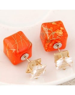 Rhinestone Decorated Turquoise Texture Cube Fashion Earrings - Orange