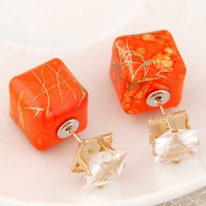 Rhinestone Decorated Turquoise Texture Cube Fashion Earrings - Orange