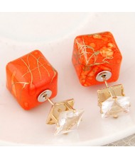 Rhinestone Decorated Turquoise Texture Cube Fashion Earrings - Orange