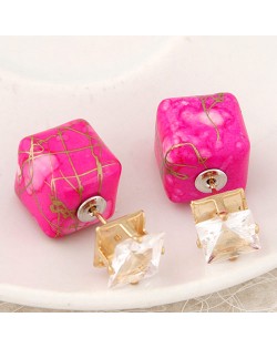Rhinestone Decorated Turquoise Texture Cube Fashion Earrings - Rose