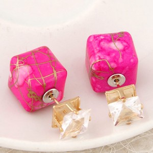 Rhinestone Decorated Turquoise Texture Cube Fashion Earrings - Rose
