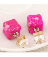 Rhinestone Decorated Turquoise Texture Cube Fashion Earrings - Rose