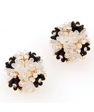 Sakura Floral Ball Design Fashion Ear Studs - Black