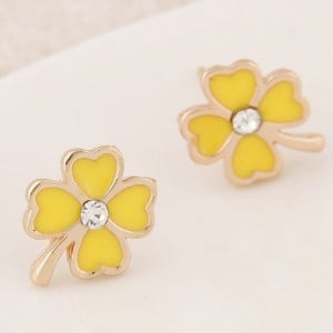 Korean Fashion Oil-spot Glazed Four Leaf Clover Ear Studs - Yellow
