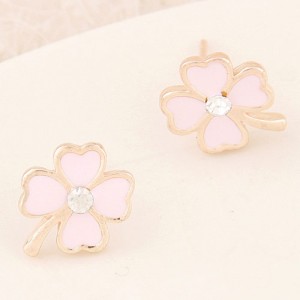 Korean Fashion Oil-spot Glazed Four Leaf Clover Ear Studs - Light Pink