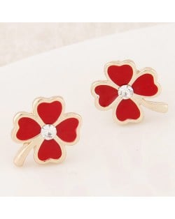 Korean Fashion Oil-spot Glazed Four Leaf Clover Ear Studs - Red
