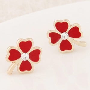 Korean Fashion Oil-spot Glazed Four Leaf Clover Ear Studs - Red