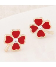 Korean Fashion Oil-spot Glazed Four Leaf Clover Ear Studs - Red