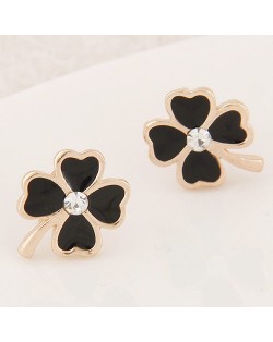 Korean Fashion Oil-spot Glazed Four Leaf Clover Ear Studs - Black