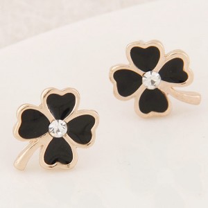 Korean Fashion Oil-spot Glazed Four Leaf Clover Ear Studs - Black