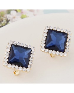 Czech Rhinestone Rimmed Square Glass Fashion Ear Studs - Ink Blue
