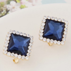Czech Rhinestone Rimmed Square Glass Fashion Ear Studs - Ink Blue