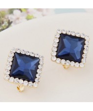 Czech Rhinestone Rimmed Square Glass Fashion Ear Studs - Ink Blue