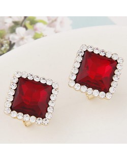 Czech Rhinestone Rimmed Square Glass Fashion Ear Studs - Red