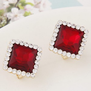 Czech Rhinestone Rimmed Square Glass Fashion Ear Studs - Red