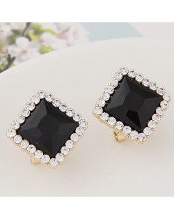 Czech Rhinestone Rimmed Square Glass Fashion Ear Studs - Black