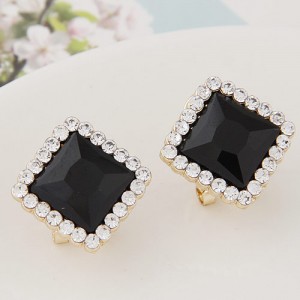 Czech Rhinestone Rimmed Square Glass Fashion Ear Studs - Black