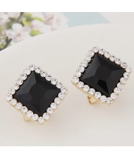 Czech Rhinestone Rimmed Square Glass Fashion Ear Studs - Black