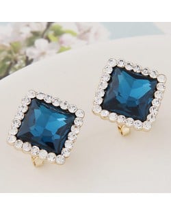 Czech Rhinestone Rimmed Square Glass Fashion Ear Studs - Blue