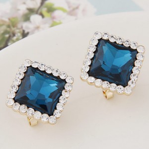 Czech Rhinestone Rimmed Square Glass Fashion Ear Studs - Blue