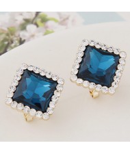 Czech Rhinestone Rimmed Square Glass Fashion Ear Studs - Blue