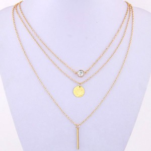 Golden Wishbone Round Plate and Gem Pendants Triple Tiers Fashion Necklace