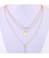 Golden Wishbone Round Plate and Gem Pendants Triple Tiers Fashion Necklace