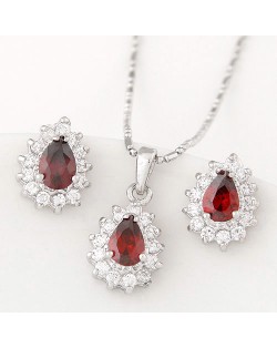 Korean Fashion Cubic Zirconia Embellished Elegant Waterdrops Design Fashion Necklace and Earrings Set - Red