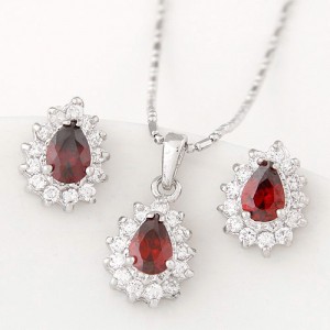 Korean Fashion Cubic Zirconia Embellished Elegant Waterdrops Design Fashion Necklace and Earrings Set - Red