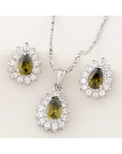 Korean Fashion Cubic Zirconia Embellished Elegant Waterdrops Design Fashion Necklace and Earrings Set - Green