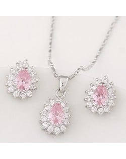 Korean Fashion Cubic Zirconia Embellished Elegant Waterdrops Design Fashion Necklace and Earrings Set - Pink