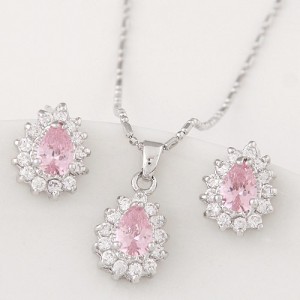 Korean Fashion Cubic Zirconia Embellished Elegant Waterdrops Design Fashion Necklace and Earrings Set - Pink