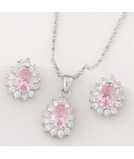 Korean Fashion Cubic Zirconia Embellished Elegant Waterdrops Design Fashion Necklace and Earrings Set - Pink