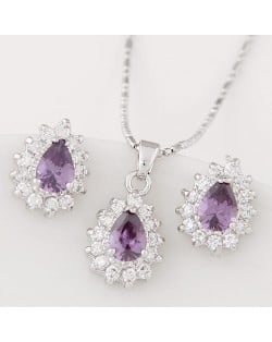 Korean Fashion Cubic Zirconia Embellished Elegant Waterdrops Design Fashion Necklace and Earrings Set - Violet
