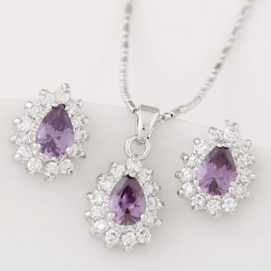 Korean Fashion Cubic Zirconia Embellished Elegant Waterdrops Design Fashion Necklace and Earrings Set - Violet