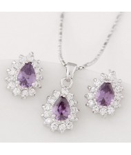 Korean Fashion Cubic Zirconia Embellished Elegant Waterdrops Design Fashion Necklace and Earrings Set - Violet