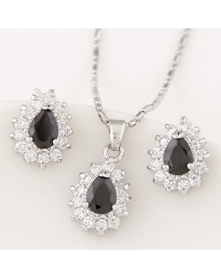 Korean Fashion Cubic Zirconia Embellished Elegant Waterdrops Design Fashion Necklace and Earrings Set - Black