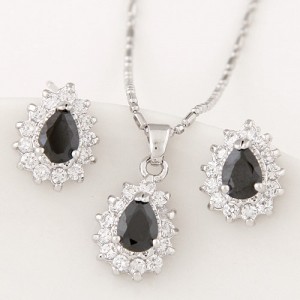Korean Fashion Cubic Zirconia Embellished Elegant Waterdrops Design Fashion Necklace and Earrings Set - Black