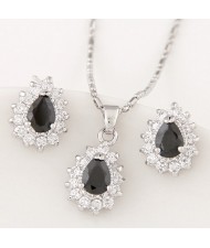 Korean Fashion Cubic Zirconia Embellished Elegant Waterdrops Design Fashion Necklace and Earrings Set - Black