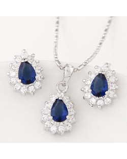 Korean Fashion Cubic Zirconia Embellished Elegant Waterdrops Design Fashion Necklace and Earrings Set - Blue